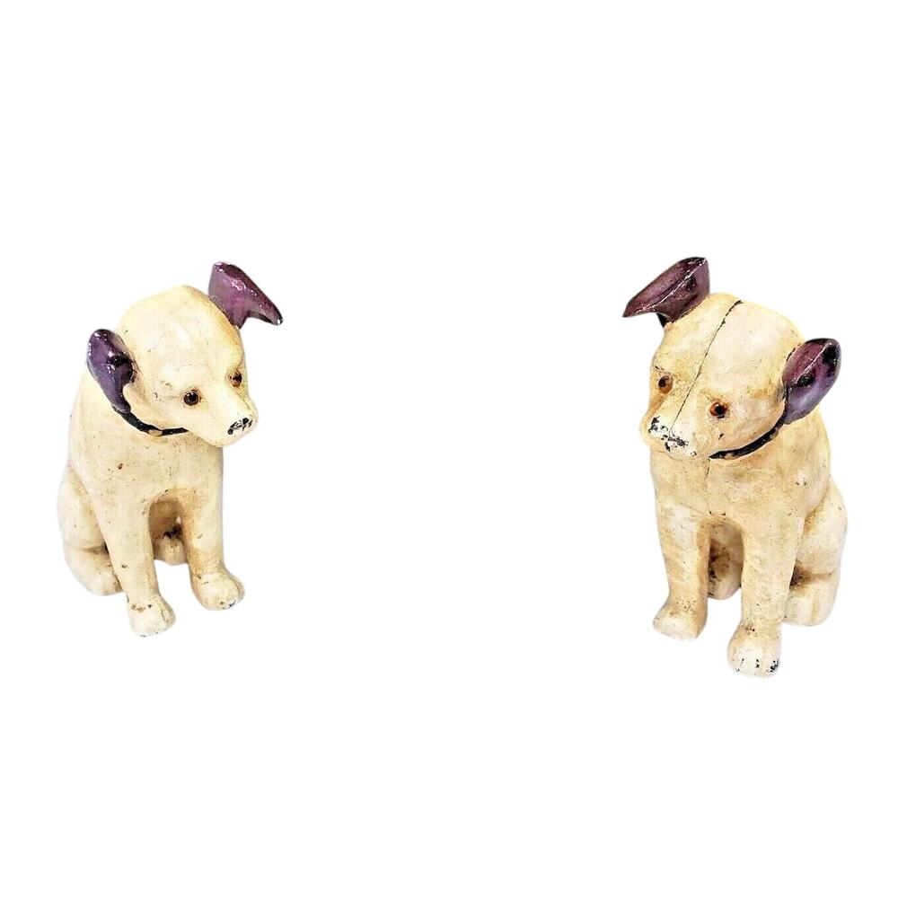Antique Jack Russell Terrier Nipper Dog Victor RCA Cast Iron Doorstops Pair Lot